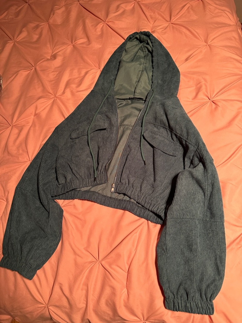 SHEIN Cropped Ribbed Zip Hoodie in Green/Blue Color